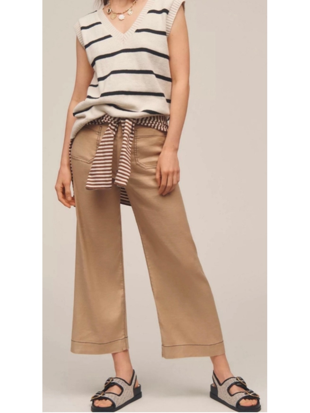 Maeve The Colette Cropped Wide-Leg Pants: Contrast-Stitch Linen Edition Size 25